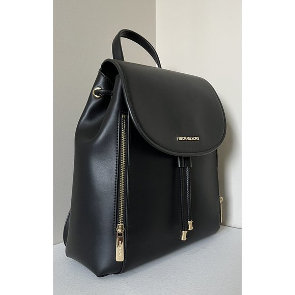 New Michael Kors Phoebe Medium Flap Drawstring Backpack Black - Picture 3 of 6